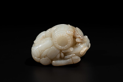 A Chinese white and russet jade 'Lu Ru Feng Qin 鹿乳奉親' carving, Qing