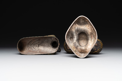 A rare Chinese turquoise and red coral inlaid silver enamelled duck-shaped censer and cover, 19/20th C.