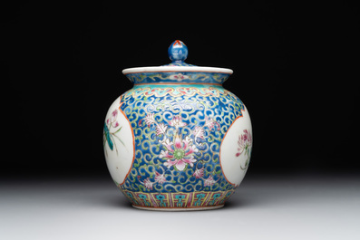 A Chinese blue, white and famille rose tea service, three famille rose bowls, a plate and a covered jar, 19th C.