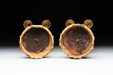 A pair of Chinese blue and white Nanking crackle-glazed vases with gilt bronze candelabra mounts, 19th C.