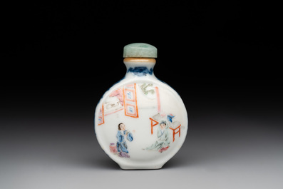 A Chinese famille rose snuff bottle with jadeite stopper, Jiaqing mark and of the period