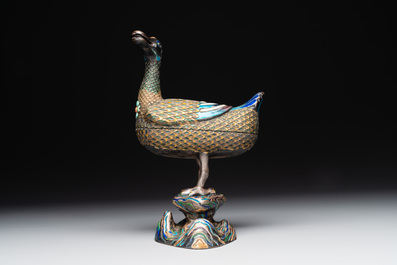 A rare Chinese turquoise and red coral inlaid silver enamelled duck-shaped censer and cover, 19/20th C.