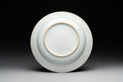 A Chinese famille rose dish, two plates and a Dutch-decorated plate, Qianlong