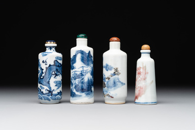 Two Chinese blue and white snuff bottles and two blue, white and copper-red snuff bottles, 19th C.
