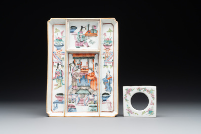 A Chinese famille rose ink set and a teapot, Tongzhi mark, 19th C.