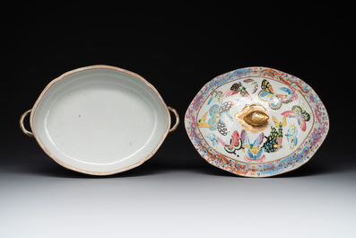 A rare Chinese Canton famille rose '100 butterflies' tureen and cover on stand, 19th C.