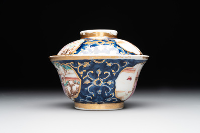 A Chinese Canton famille rose 18-piece 'mandarin subject' tea service, Qianlong