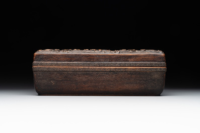 A Chinese rectangular silver-inlaid zitan wood 'dragon' box and cover, 17/18th C.