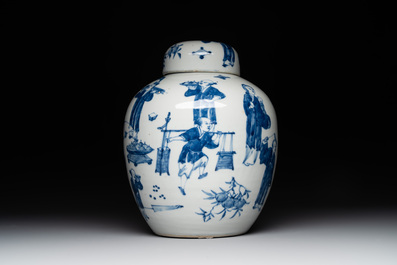 A rare Chinese blue and white 'figures' jar and cover, Kangxi mark, 19th C.