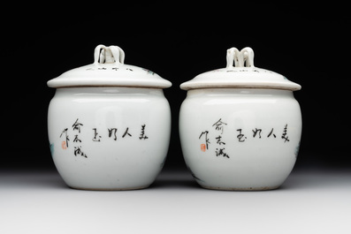 A Chinese famille verte vase, two famille rose jars and three covered jars, 19th C.