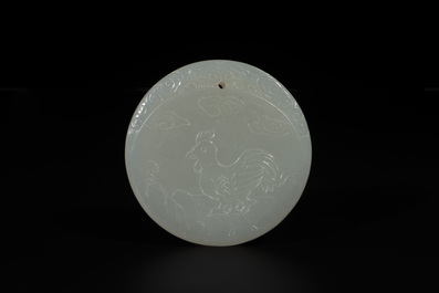 A Chinese white jade 'moon hare and rooster' plaque, Qing