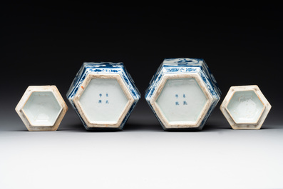 A pair of Chinese blue and white hexagonal jars and covers with a lady holding a fan, 19th C.