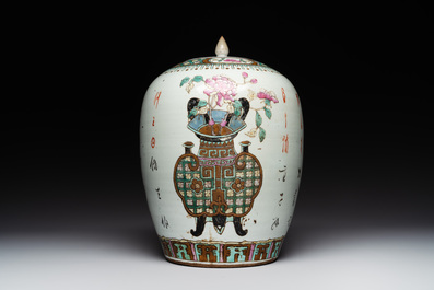 A Chinese famille verte vase, two famille rose jars and three covered jars, 19th C.
