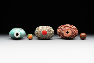 Six Chinese famille rose moulded snuff bottles, Qianlong mark, 19/20th C.
