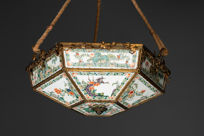 A French chandelier inset with Chinese famille verte plaques, 19th C.