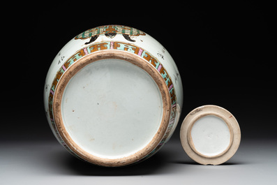 A Chinese famille verte vase, two famille rose jars and three covered jars, 19th C.