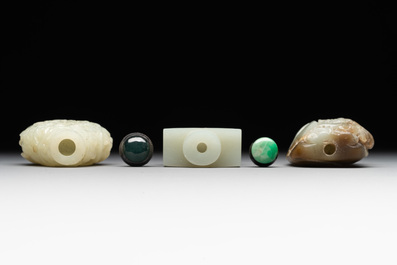 Three Chinese celadon jade snuff bottles, Qing