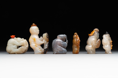 Six Chinese carved jade and agate 'figural' snuff bottles, 19/20th C.