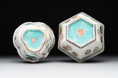 A Chinese blue, white and famille rose tea service, three famille rose bowls, a plate and a covered jar, 19th C.