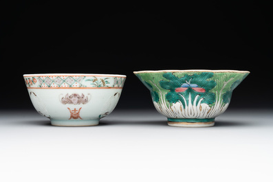 Two Chinese blue, white and famille rose bowls and two famille rose bowls, Guangxu and Shen De Tang mark, 19th C.