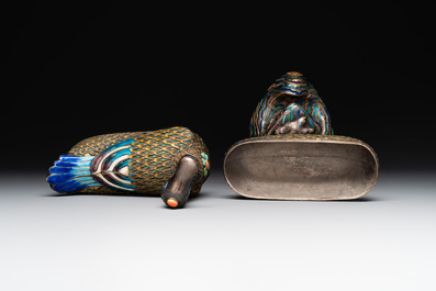 A rare Chinese turquoise and red coral inlaid silver enamelled duck-shaped censer and cover, 19/20th C.