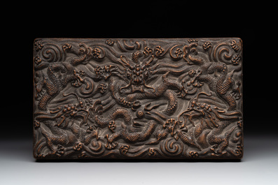A Chinese rectangular silver-inlaid zitan wood 'dragon' box and cover, 17/18th C.