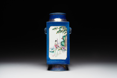 A rare Chinese gilt-decorated powder-blue-ground famille rose 'cong' vase, Yongzheng mark, 20th C.