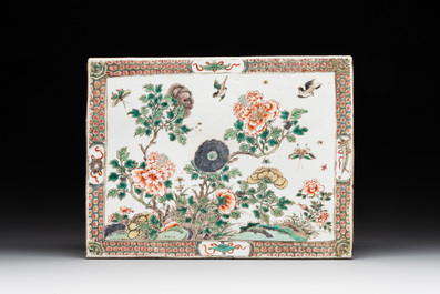 A rectangular Chinese famille verte tile with two-sided design, Kangxi
