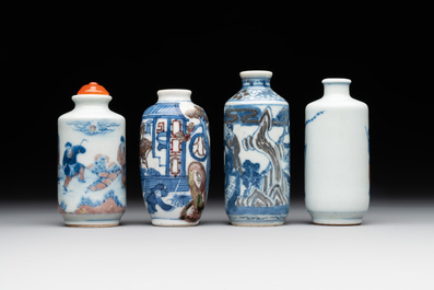 Four Chinese blue, white and copper-red snuff bottles, Yongzheng and Daoguang mark, 19th C.