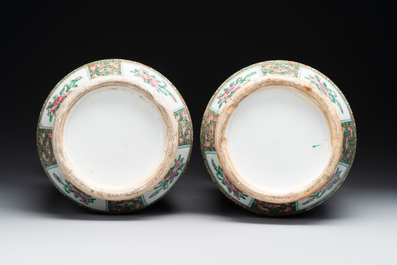 A pair of Chinese Canton famille rose vases with figures, flowers and insects, 19th C.