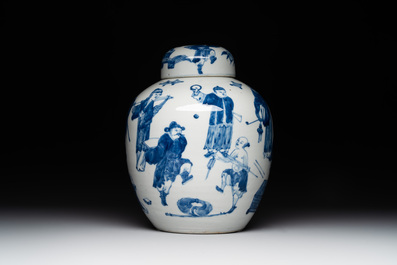 A rare Chinese blue and white 'figures' jar and cover, Kangxi mark, 19th C.