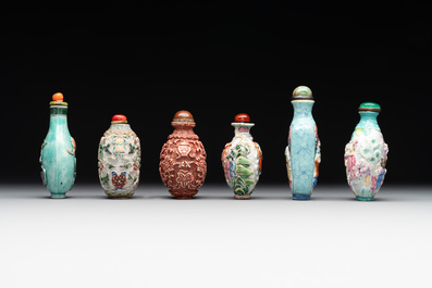 Six Chinese famille rose moulded snuff bottles, Qianlong mark, 19/20th C.