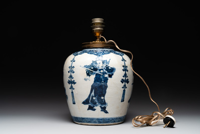 A Chinese blue and white 'dragon' vase, one jar mounted as lamp, two jars and a plate, Chenghua mark, 19th C.