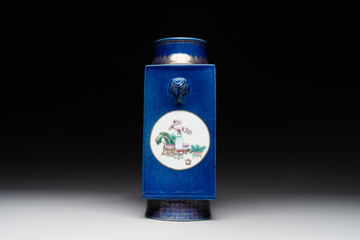 A rare Chinese gilt-decorated powder-blue-ground famille rose 'cong' vase, Yongzheng mark, 20th C.