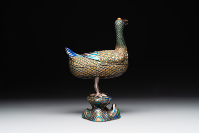 A rare Chinese turquoise and red coral inlaid silver enamelled duck-shaped censer and cover, 19/20th C.