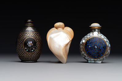 Two Chinese lacquered and mother-of-pearl-inlaid snuff bottles and a carved mother-of-pearl shell snuff bottle, Qianlong mark, 18/19th C