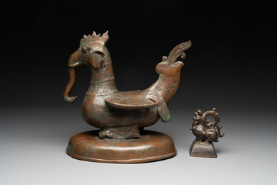 A large bronze sculpture and an opium weight in shape of Hintha or Hamsa, Burma/India, 17/18th C.