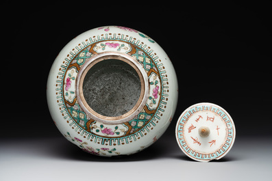 A Chinese famille verte vase, two famille rose jars and three covered jars, 19th C.