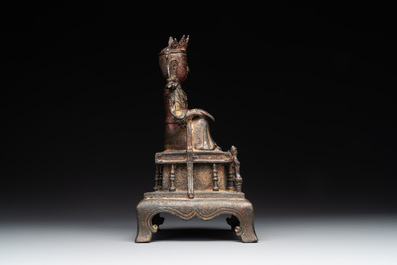 A Chinese bronze Bodhisattva on stand, Yongle mark, dated 1422
