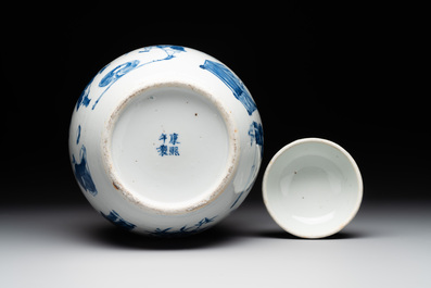 A rare Chinese blue and white 'figures' jar and cover, Kangxi mark, 19th C.