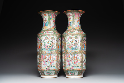 A pair of Chinese Canton famille rose vases with figures, flowers and insects, 19th C.