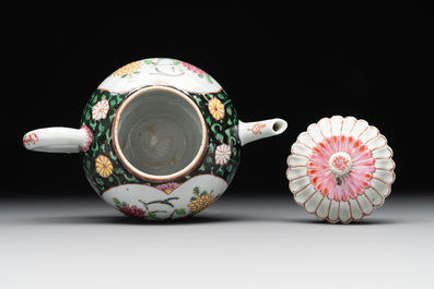 A Chinese famille rose black-ground teapot with cover and stand and a sauce boat, Qianlong