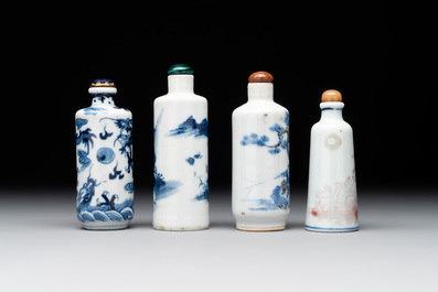 Two Chinese blue and white snuff bottles and two blue, white and copper-red snuff bottles, 19th C.