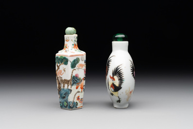 A Chinese double losange-shaped '12 zodiac animals' snuff bottle and a 'roosters' snuff bottle, 19th C.