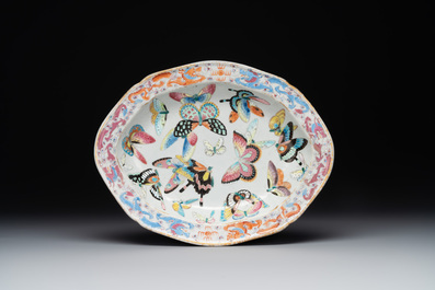 A rare Chinese Canton famille rose '100 butterflies' tureen and cover on stand, 19th C.