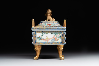 A fine Chinese gilt-decorated blue, white and famille rose covered censer, Qianlong