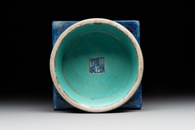 A rare Chinese gilt-decorated powder-blue-ground famille rose 'cong' vase, Yongzheng mark, 20th C.