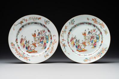 Four Chinese famille rose 'ladies playing music with children' plates, Qianlong