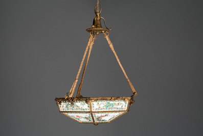 A French chandelier inset with Chinese famille verte plaques, 19th C.