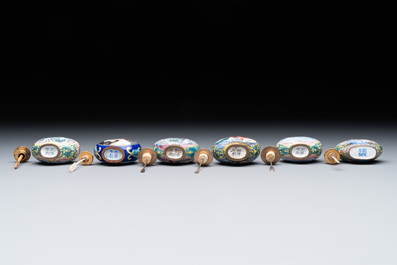Six Chinese Peking enamel snuff bottles with European design, Qianlong mark, 19/20th C.
